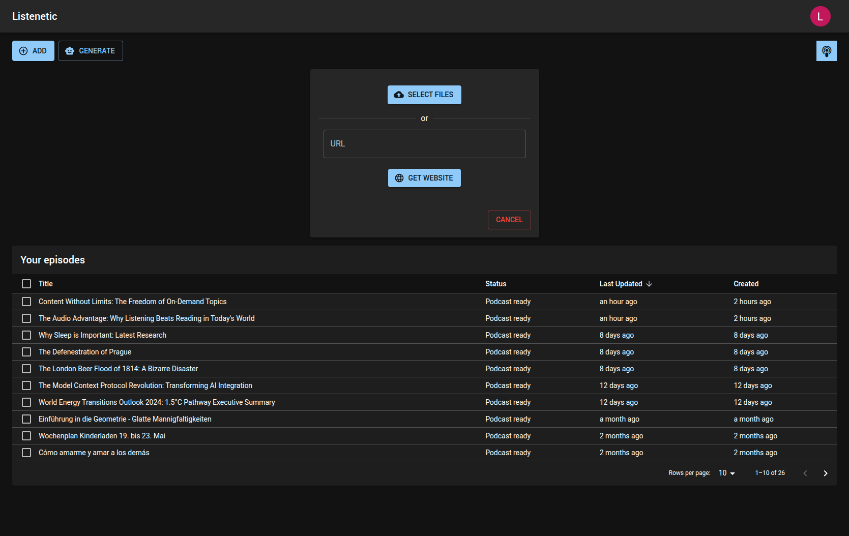 Listenetic - Adding content on desktop